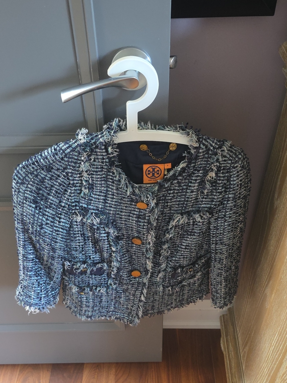 Tory Burch Blue Tweed Fringe Cropped Jacket
